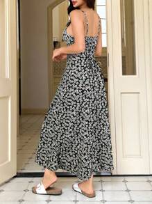 SHEIN EZwear 女士黑色碎花梭织吊带裙