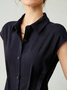 Uhlyne Rochie elegantă de înaltă calitate, stilată, de culoare solidă, casual, cu nasturi, design confortabil și elegant pentru rochie de vacanță din lenjerie, rochie fără mâneci - Albastru marin - Vizualizare 5