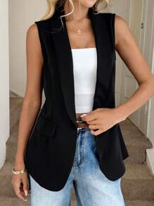 Easowa 秋冬季夏季女式纯色无袖系带前开襟西装外套 - 黑色 - 查看 3