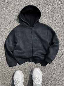 SHEIN Chaqueta con capucha de estilo callejero informal con lavado ácido y talla grande para niño preadolescente, manga larga, adecuada para ir y venir, la escuela, uso diario y deportes, apropiada para otoño e invierno, chaqueta con cremallera para niños, chaqueta con cremallera para adolescentes en otoño