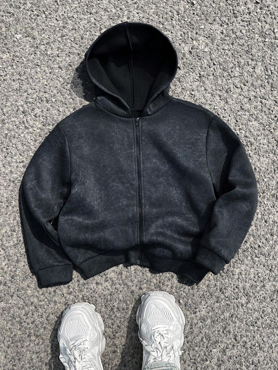 SHEIN Chaqueta con capucha de estilo callejero informal con lavado ácido y talla grande para niño preadolescente, manga larga, adecuada para ir y venir, la escuela, uso diario y deportes, apropiada para otoño e invierno, chaqueta con cremallera para niños, chaqueta con cremallera para adolescentes en otoño