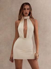 Glamine 女式简约纯色性感露背吊带迷你连衣裙，女士夏季连衣裙，女士度假装，女士白色连衣裙，优雅派对连衣裙，白色露背连衣裙，白色迷你连衣裙 - 米色 - 查看 3
