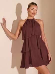 SHEIN BAE Summer Beach Vacation Solid Red Cascading Lotus Leaf Cake Chiffon Mini Dress, Suitable For Daily Dating, Night Out, Nightclubs, Parties, Get-Togethers, Cocktail Parties, Pool Parties, Back-To-School Season Clothes, School Season Dresses, Holiday Dresses, Tutu Skirts - Coffee Brown - View 6