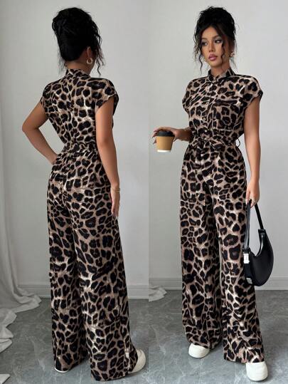 Rafferiza Women's Elegant Stand Collar Open Front Short Sleeve Waist Fit Wide Leg Jumpsuit