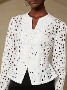 Aveloria Rosie 全新简约优雅法式度假优雅女士精致刺绣纯色镂空面料小圆领纽扣腰飘逸长袖衬衫