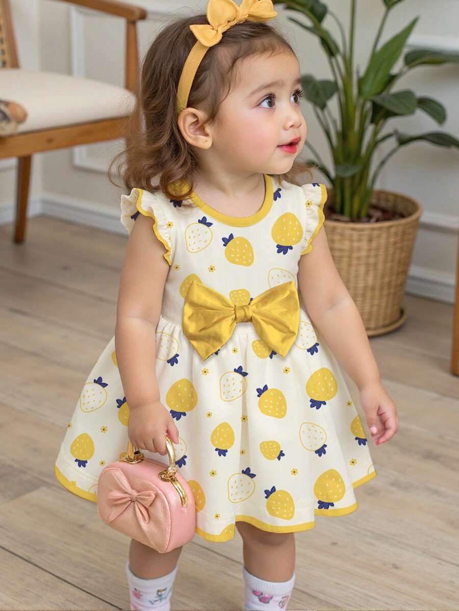 Đầm dài tay in họa tiết quả chanh dễ thương cho bé gái sơ sinh, họa tiết hoạt hình nơ ngọt ngào, thích hợp cho mùa thu/đông - Nhiều màu - Xem 1