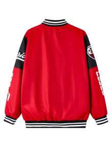 SHEIN Chaqueta informal de béisbol para adolescente con bloques de color, logotipo y estampado en inglés, manga larga con puño acanalado y tejido plano para abrigo, estilo urbano