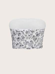 Glamine Áo crop top sequin lấp lánh cho nữ, phong cách Y2K, lễ hội âm nhạc - Bạc - Xem 2