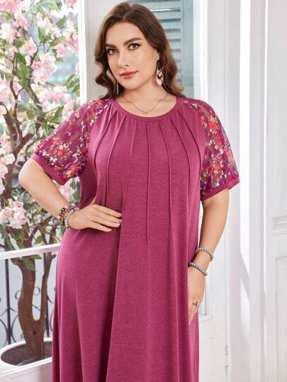 Lacomfia Plus Size Women Floral Lace Patchwork Trim Casual Loose Comfy Round Neck Short Sleeve Dress