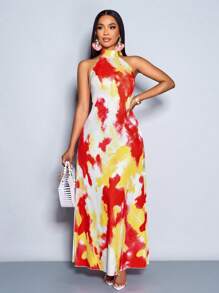 SOLERSUN Vestido largo con estampado floral, abertura en la espalda y cintas para atar, elegante para playa, vacaciones y citas en primavera/verano - Rojo - Ver 1