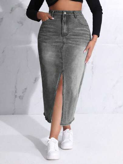 SHEIN SXY Plus Size Casual Washed Denim Skirt With Side Slit