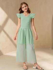 Tween Girl Mint Green Summer Tea Party Elegant V-Neck Short Sleeve Cropped Shirt & Elastic Waist Loose Chiffon Straight-Leg Outfit,Breathable Set - Green - View 1