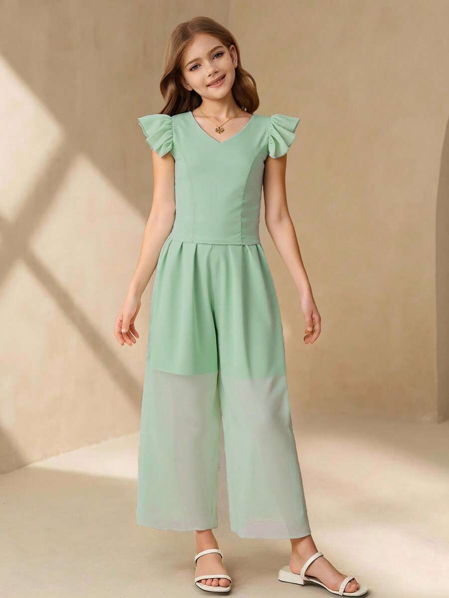 Tween Girl Mint Green Summer Tea Party Elegant V-Neck Short Sleeve Cropped Shirt & Elastic Waist Loose Chiffon Straight-Leg Outfit,Breathable Set - Green - View 1