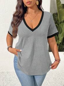 SHEIN Frenchy Áo thun ngắn tay phối màu thời trang cỡ lớn dành cho nữ, thích hợp mặc đi nghỉ mát, làm giáo viên. - Màu Xám nhạt - Xem 2