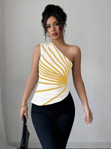 Elenzga 女款夏季新品不对称肩部条纹印花针织上衣 - 黃色 - 查看 5