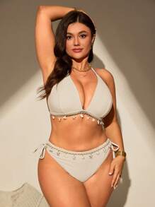 Swim Vcay Set di costumi da bagno taglie forti in tessuto texturizzato e patchwork per vacanza