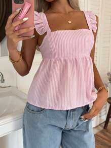 SHEIN EZwear Blusa sin espalda y sin mangas con volantes y lazo delantero a cuadros rosas - Rosa - Ver 3