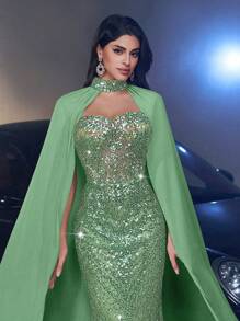 Glamrae Elegant Fancy Contrast-Color Beaded Sequin Splicing Tulle Mermaid Skirt With Detachable Sequin Panel, Suitable For Wedding, Party, Banquet, Ball Gown - Green - View 6