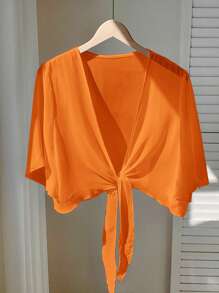 Solavibe Orange Casual Minimal Translucent Plus Size Thin Jacket - Burnt Orange - View 12
