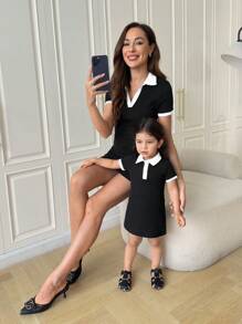 SHEIN Babygirl 可爱针织拼色黑白领短袖迷你连衣裙，夏季 - 黑與白 - 查看 3