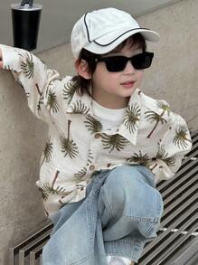 Dazy Kids 宽松休闲度假风椰子树印花男童衬衫 - 白色 - 查看 1