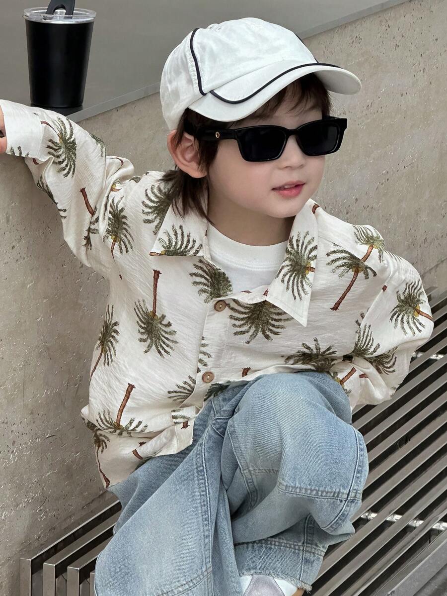 Dazy Kids 宽松休闲度假风椰子树印花男童衬衫 - 白色 - 查看 1