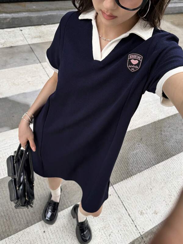 SHEIN Teen Girl V-Neck Collar Contrast Trim Shirt Dress, New Arrival Suitable For Spring/Summer, For Back To School