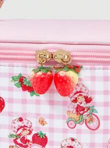 Strawberry Shortcake | ROMWE Women's Cute Cartoon Pattern Padded Bow Handheld Portable Cosmetic Bag - Pink - View 6