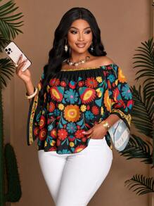 SOLERSUN Camisa de mujer talla grande con estampado floral a rayas para vacaciones, de corte informal para primavera/verano, con hombros descubiertos