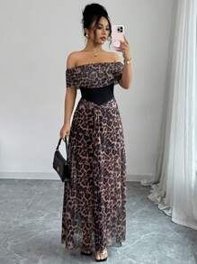 Rafferiza 女式优雅修身露肩豹纹网眼针织连衣裙