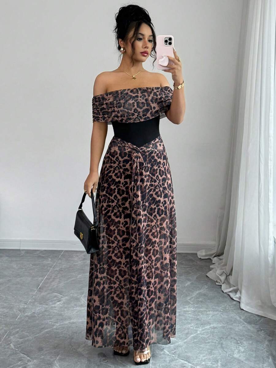 Rafferiza 女式优雅修身露肩豹纹网眼针织连衣裙