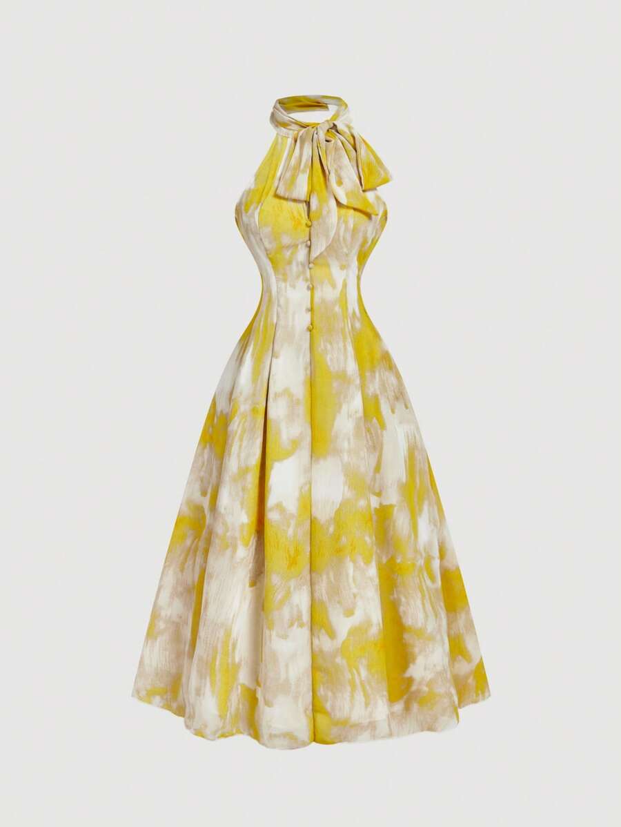 SHEIN MOD 扎染立领蝴蝶结修身中长连衣裙 - 黃色 - 查看 1