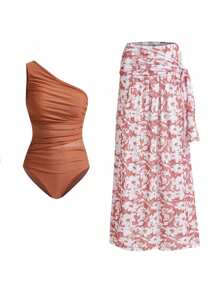 Swim Oasis 女士纯色褶皱网眼拼接连体泳衣（含纱笼裙） - 彩色 - 查看 2