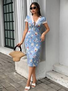 SHEIN Unity 女式荷叶边海滩度假风格修身舒适连衣裙，夏季 - 藍色 - 查看 1