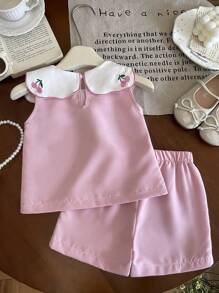 SHEIN 2pcs Baby Girl Cute Cake And Floral Print Sleeveless Top And Shorts Set, Casual For Spring And Summer - Pink - View 4