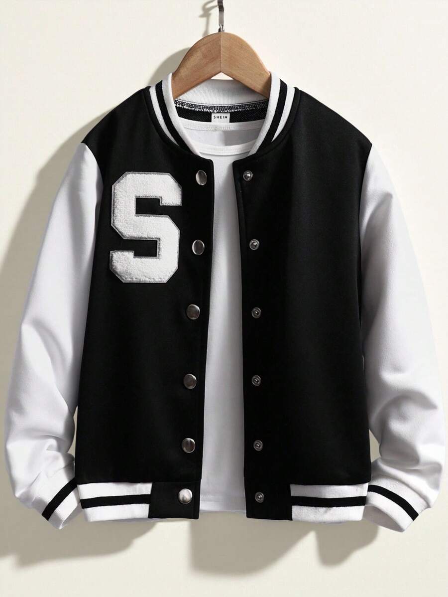 SHEIN 少女英文字母拼接條紋飾邊大學夾克,不附t-shirt