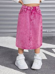 SHEIN 年轻女孩甜美可爱的口袋和侧开衩牛仔迷你裙 - 粉色 - 查看 7