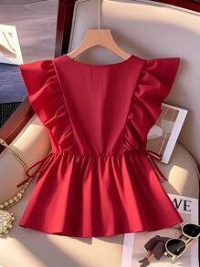 Franclia 女式甜美法式荷叶边 V 领无袖短款上衣，前系带，春夏 - 紅色 - 查看 2