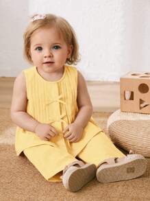 Cozy Pixies 2pcs Baby Girls Bow Decor Sleeveless Crew Neck Top And Elastic Waist Pants Set - Yellow - View 3