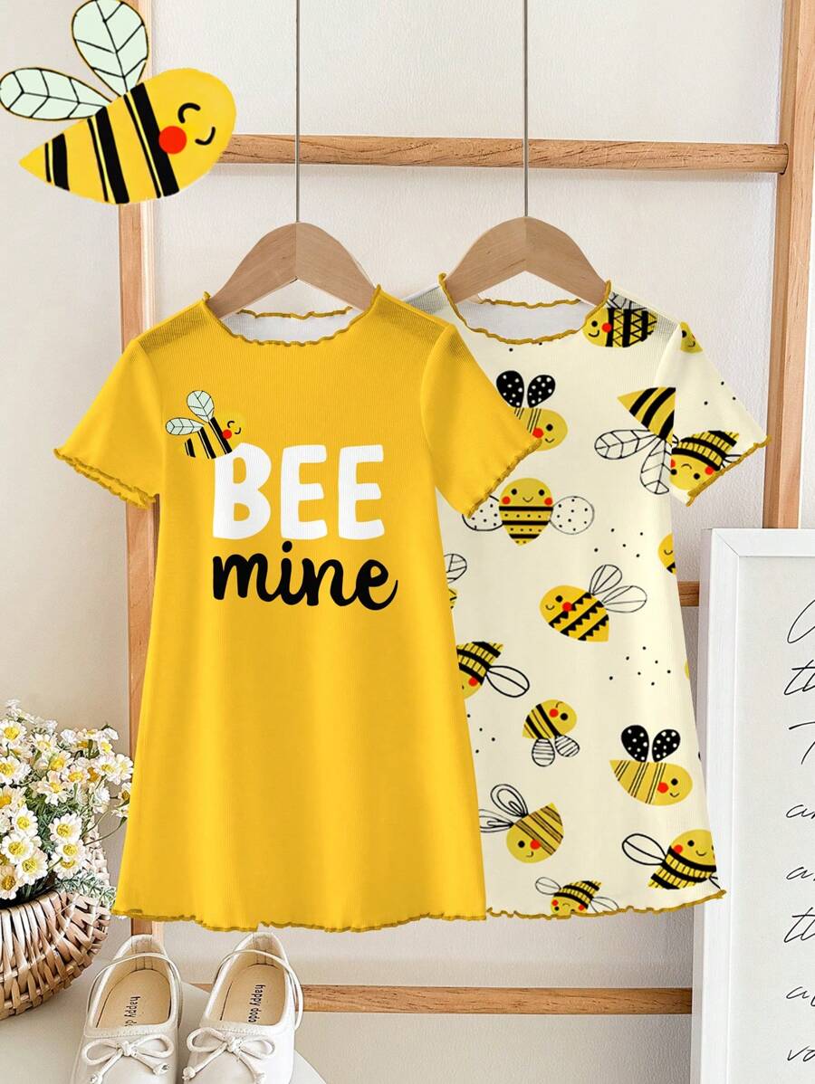 Young Girls Casual Minimalist Letter & Bee Graphic Loungewear Sets, Suitable For Summer - Multicolor - View 1