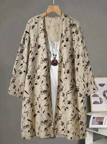 EMERY ROSE Plus Size Casual Summer Loose Fit Textured Printed Lapel Split Hem Jacket, Simple & Minimalist Fall Women Clothes Fall Clothes Fall Women Outfits - Multicolor - View 1