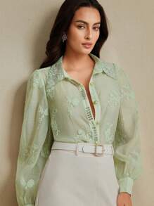 Anewsta Áo sơ mi thanh lịch có cổ bẻ, vải jacquard, thêu và trang trí bằng đá giả - màu xanh lá - Xem 5