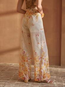 MOTF PREMIUM SCHIFFY FLORAL PRINT LACE TRIM WIDE LEG SUIT PANTS - Multicolor - View 3