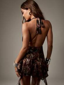 MISSGUIDED 蝴蝶印花露背迷你连衣裙不对称荷叶边下摆俱乐部派对节日西部女牛仔风格秋季时尚个性单品 - 彩色 - 查看 2