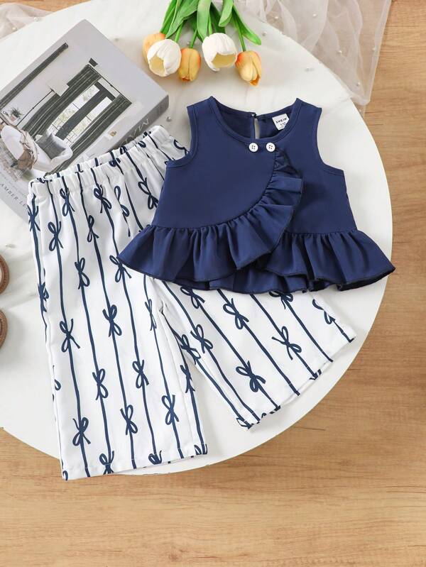 SHEIN Playful Pals Baby Girls' Cute Bow & Floral Print Outfit Set, Elegant Korean Fashion Style, Versatile