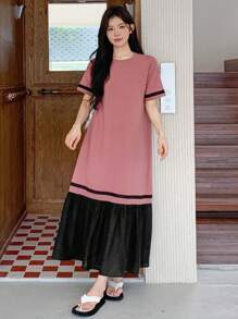 DAZY 女士撞色荷叶边下摆中长款短袖连衣裙，夏季休闲女装，教师装