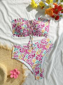 SHEIN Swim 女士海滩夏季休闲可爱碎花荷叶边抹胸泳衣套装，配珍珠吊坠抽绳比基尼 - 彩色 - 查看 4