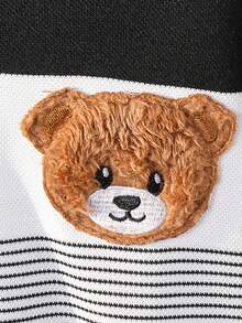 SHEIN Young Boys Casual Loose Comfy Versatile Cute Fluffy Bear Logo Striped Pattern Hooded Top And Long Pants Set Fall Winter - Black - View 3