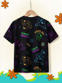 SCOOBY-DOO X SHEIN Tween Boy Cartoon Colorful Neon Puppy Pattern Black Casual Versatile Short Sleeve T-Shirt, Summer - Black - View 3