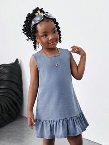 小女孩蓝色牛仔无袖短款荷叶边连衣裙，女童春夏休闲度假乡村波西米亚风装，女童沙滩装，女童西部街头装，春假装，狂欢装节日牛仔连衣裙 - 淺色水洗藍 - 查看 4